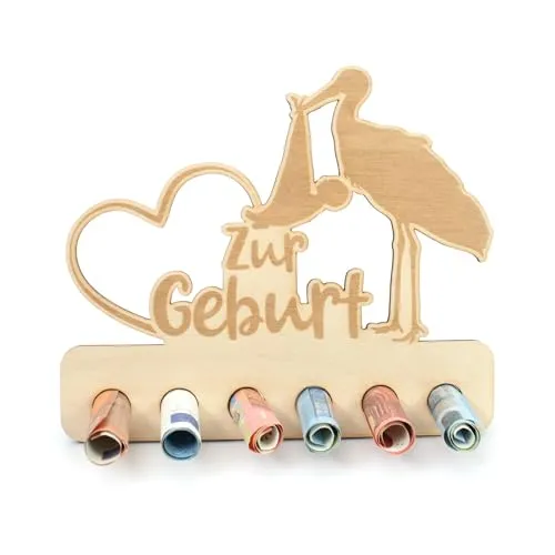 Kreative Feder Geldgeschenk „Zur Geburt - Geldscheinhalter aus Holz in originellem Design mit 6 Löchern für Geldscheine (Zur Geburt)