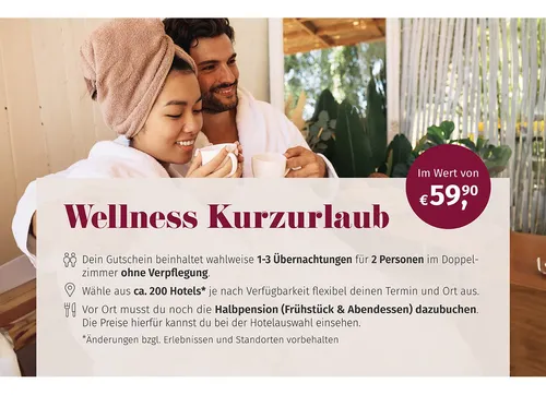 mydays Erlebnisgutschein Wellness Kurzurlaub für 2 (3 Nächte), Goennt Euch eine Wellnesspause