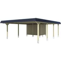 Skan Holz Doppelcarport Wendland Natur mit Anbau 630x879 cm - Robuster Doppelcarport aus unbehandeltem Leimholz mit Abstellraum, ideal für bis zu zwei Fahrzeuge. Aluminiumschindeln bieten hohe Wetterbeständigkeit und eine Tragfähigkeit von 125 kg/m².