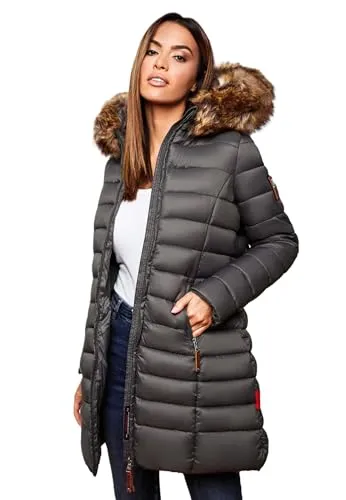 MARIKOO Damen Winter Übergangs Jacke B647 - Funktionsjacken mit warmem Kunstfellkragen, ideal für kalte Tage. Mit seitlichen Reißverschlusstaschen und weichem Fleecefutter für höchsten Tragekomfort.