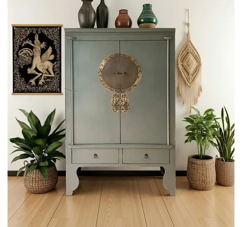 OPIUM OUTLET Kleiderschrank Asia Hochzeitsschrank Schrank Kommode Hochkommode (oliv-grün, Möbel komplett montiert, Breite x Höhe x Tiefe: 105 x 55 x 175 cm) chinesisch asiatisch orientalisch Vintage-Stil