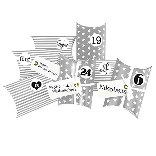 Frau WUNDERVoll® DIY Adventskalender zum Befüllen Christkind, Kissenschachteln 15x11x4,5cm grau Sterne und Streifen, Ziffern schwarz-weiß/Weihnachten, Papiertüten, Kinder, Zahlen, Geschenk, Aufkleber