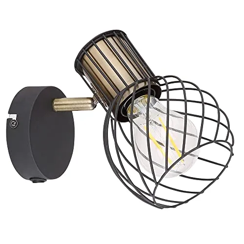 Wandlampe Wandleuchte goldfarben Käfig Wohnzimmerleuchte mit beweglichem Spot, Metall schwarz, 1x E27, BxH 12x16,5 cm