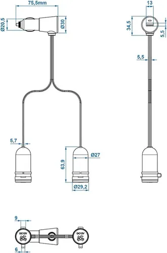 Zweifachsteckdose + Stecker mit USB Typ A 2100mA 12V/24V im Blister