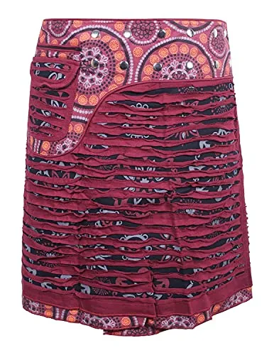 Vishes Wickelrock mit Druckknöpfen und Cutwork Blumen-Mandala - Der verstellbare A-Linien Baumwollrock in zwei Größen bietet durch den breiten Bund mit Druckknöpfen sicheren Halt. Mit praktischer Seitentasche und einzigartigem Handdruck ist er perfekt für Alltag und Freizeit.