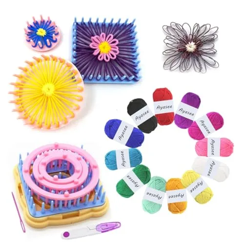 Webrahmen-Set, Blumenstrick-Webrahmen, Strickwolle, Rund-/Quadrat-Strickwebstühle, Bastelset, mehrfarbig (Blumenformer + Garn)