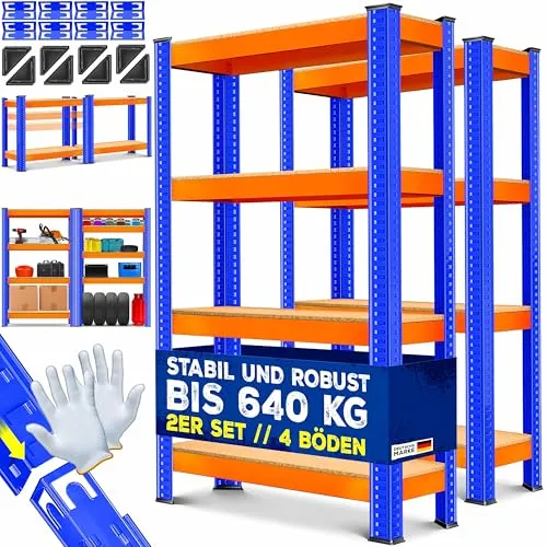 MASKO® 2er-Set Schwerlastregal 160x90x40cm - Optimale Lagerlösung für Werkstatt und Garage: Belastbar bis 700kg, mit 4 verstellbaren Ablagen aus MDF. Einfacher Aufbau ohne Schrauben dank cleverem Stecksystem – schnell und stabil!