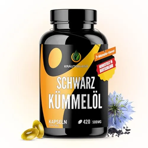 KRÄUTERLAND Schwarzkümmelöl 420 Kapseln mit Vitamin E - Pflanzliche Heilmittel, reich an Thymochinon und Linolsäure für Ihr allgemeines Wohlbefinden, hergestellt in Deutschland, GVO-frei und ohne Zusatzstoffe.