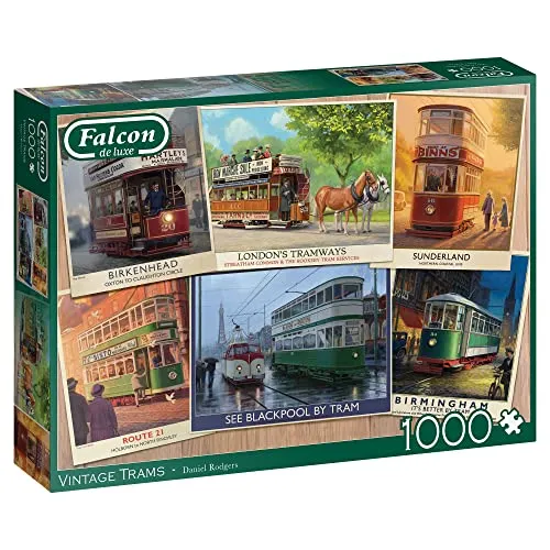 Falcon Jumbo Spiele Vintage Trams Puzzle 1000 Teile - Klassische Puzzles: Hochwertiges Puzzle für Erwachsene mit einzigartigen Puzzlestücken. Fertige Größe 68 x 49 cm, ideal für Puzzleliebhaber.