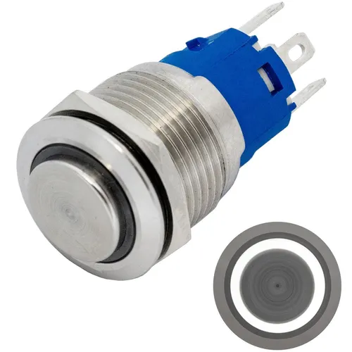 Edelstahl Drucktaster erhaben Ø19mm Ring LED Kalt Weiß IP65 2,8x0,5mm Pins 250V