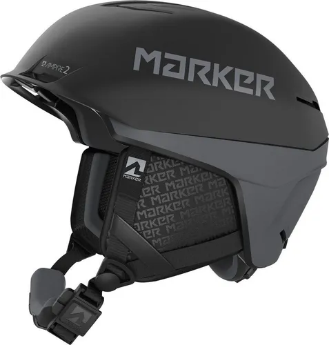 Marker Skihelm AMPIRE 2 BLACK/GRAY - Helm für Skifahrer mit HYBRID SHELL CONSTRUCTION für geringes Gewicht und optimalen Komfort. 360° RTS FIT SYSTEM sorgt für perfekten Sitz, während das MarkAIR Belüftungssystem Beschlagen der Brille verhindert.