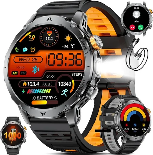 SUNKTA Herren Smartwatch mit Bluetooth und Herzfrequenzmonitor - Robuste Herren-Smartwatch im Militärstil mit IP68 Wasserdichtigkeit und über 100 Sportmodi. Ideal für Outdoor-Aktivitäten und Fitness, bietet sie eine lange Akkulaufzeit und praktische Anruffunktion.