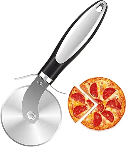 Pizzaschneider, Pizzaroller aus Edelstahl - Zerteilt Pizza mühelos in servierfähige Stücke- Handlicher Pizza Cutter mit Fingerschutz