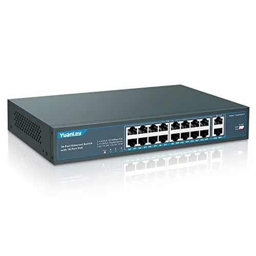 YuanLey 18 Port PoE Switch, 16 PoE+ Port 100Mbps, 2 Uplink Gigabit, 250W Integrierte Stromversorgung, 802.3af/at, Nicht Verwaltetes Plug-and-Play für die Rackmontage