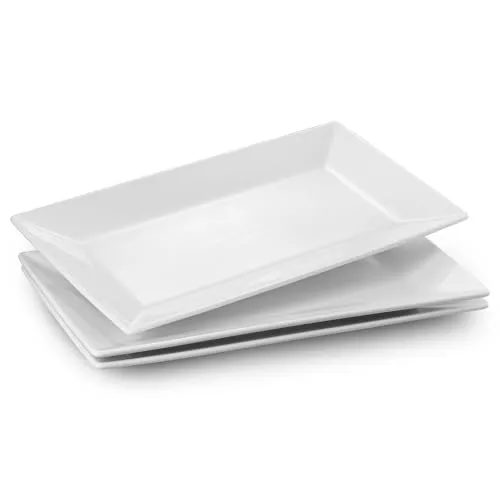 DOWAN Servierplatte Porzellan Rechteckig, 3 Stück Teller 35,6 × 20,3 cm, Porzellanteller als Speiseteller für Fleisch, Fisch, Sushi, Vorspeisen & Desserts, Geschirr für Küche & Party, Soft White