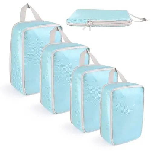 VMUTGA Kompressions Packwürfel Set, Erweiterbar Koffer Organizer Wasserdichte Packing Cubes Kleidertaschen für Reisen & Zuhause, Himmelblau, 4-Teiliges Set