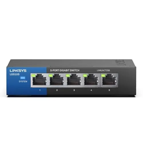 Linksys LGS105-EU 5-Port Unmanaged Gigabit-Netzwerk-Switch – Ethernet-Switch/Hub mit Metallgehäuse, Splitter – Platzierung an der Wand oder auf dem Schreibtisch im Büro oder zu Hause, Plug-and-Play