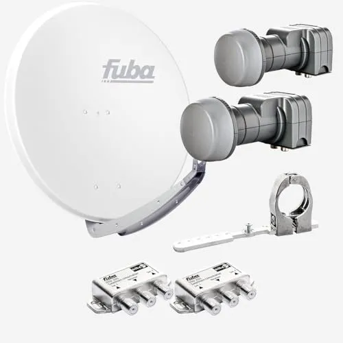 Fuba Sat Anlage 2 Teilnehmer - 2 Satelliten | Satellitenschüssel Komplettset - DAA 850 W Sat-Schüssel 85cm Alu weiß + 2X Twin LNB 2 Teilnehmer + Multifeedschiene + 2X DiSEqC-Schalter(HDTV/4K/8K)