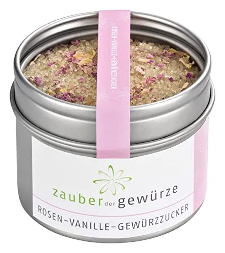 Zauber der Gewürze Rosen Vanillezucker, Gewürzzucker, Rosenzucker, Zucker mit Vanille gemahlen und getrockneten Rosenblüten-Blättern essbar, Premium-Qualität in wiederverschließbarer Aroma-Dose, 100 g