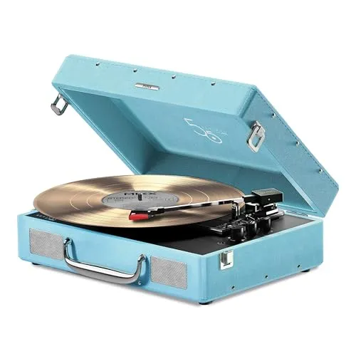 Revival 55 Stereo-Vinyl-Plattenspieler - Retro Vintage-Design in Hellblau - Plattenspieler mit integriertem Bluetooth für kabelloses Streaming, tragbarem Koffergehäuse und klaren Stereo-Lautsprechern – ideal für Musikliebhaber unterwegs.