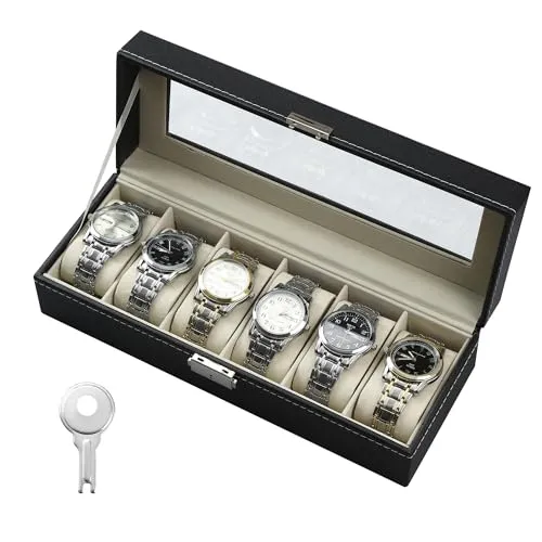 DUBUOZA Uhrenbox mit 6 Fächern, Uhrenkasten mit Glasdeckel, Aus Samt, geeignet für die Aufbewahrung von Uhren, Schmuck, etc, das beste Geschenk für Männer