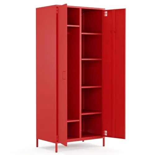 furni24 Metallschrank – Retro Garderobenschrank mit Kleiderstange – Robuste Aufbewahrungslösung mit verstellbaren Ablagen – Ideal für Schlafzimmer, Flur und Büro- Kleiderschrank mit 2 Türen, Rot