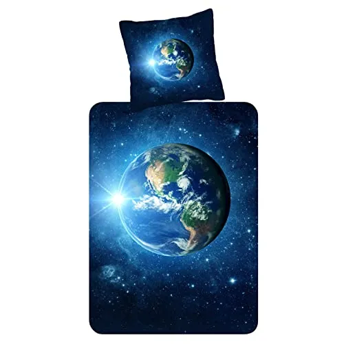 ESPiCO Kinderbettwäsche Earth Blau, 2-teiliges Weltall-Design - Bettwäsche-Sets aus 100% Baumwolle mit traumhaftem Weltraum-Motiv, das die Fantasie anregt und für besten Schlafkomfort sorgt.