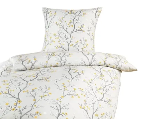 Soma Mikrofaser Bettwäsche 135 x 200 cm Bettbezug Kopfkissenbezug 80 x 80 cm Kirschblüten grau/Gold