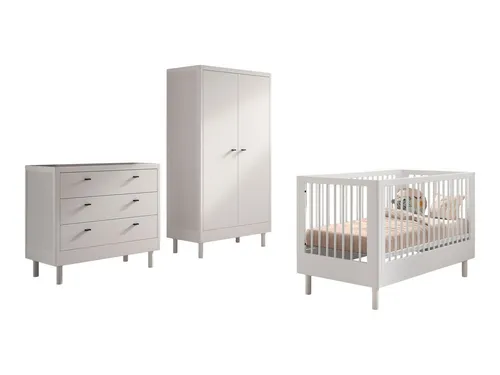 aufm Kessel Babyzimmer-Komplettset Keeley 70x140 Buche - Komplettset aus massiver Buche für das Babyzimmer: Babybett, Wickelkommode und Kleiderschrank. Das Babybett lässt sich zum Juniorbett umbauen und bietet eine langlebige Lösung mit viel Stauraum.