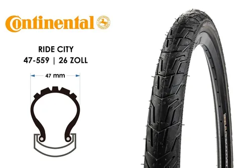 CONTINENTAL Fahrradreifen 26 Zoll - Ride City 26x1.75 - Reifen für 26 Zoll Fahrräder mit EXTRA Puncture Belt für hohen Pannen- und Anscheuerungsschutz, ideal für Pedelecs bis 25 km/h.