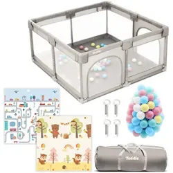 Teddle Laufstall Baby, Laufgitter Baby mit 50x Spielbälle, Playpen für Innen und Draußen, Inklusive Spielmatte, 120x120cm - Beige