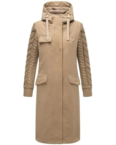 Navahoo Damen Trenchcoat mit Strick-Ärmeln und Kapuze in Woll-Optik - Funktionsjacken, eleganter Damen-Mantel in Woll-Optik mit warmen gestrickten Ärmeln und verstellbarer Kapuze für optimale Anpassung und Komfort.