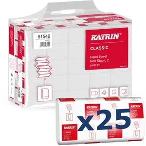 Katrin Papierhandtücher Classic Non Stop L 2 wide - 2-lagige, weiße Multifold-Handtücher mit hoher Saugfähigkeit und Reißfestigkeit, ideal für viel frequentierte Waschräume. Umweltfreundlich und dermatologisch getestet.
