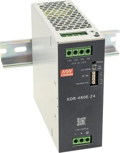 MEAN WELL MW XDR-480E Hutschienen-Netzteil 48V 10A 480W - Sonstige Elektroinstallationsartikel, energieeffiziente DIN-Schienen-Stromversorgung mit 95,5% Wirkungsgrad und robustem Design für extreme Temperaturen von -40 bis +70°C.