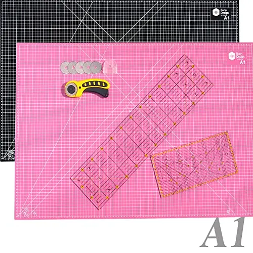 mm Rollschneider Set inkl. Schneideunterlage A1 90x60cm 5-Lagig + 5x Ersatzklingen + 2x Patchwork-Lineal Premium Stoffschneider selbstheilend Schneidematte im A1-Format Rosa/Schwarz Starter Set 45