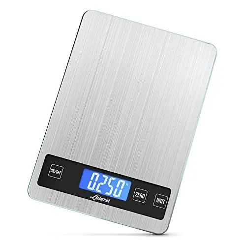 Liebfeld Küchenwaage Digital - Präzise Edelstahlwaage bis 15kg - Digitale Küchenwaage mit großer Wiegefläche und beleuchtetem Display, ideal für präzises Abwiegen von festen und flüssigen Zutaten. Inkl. 2 AA Batterien für sofortigen Einsatz.