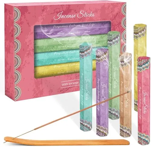 SCENTORINI Räucherstäbchen Set 120 Stock, Duft von Lavendel, Vanille, Amber Moschus, Regenwald, Kokosnusshain, 6 Packungen je 20 Incense Sticks, inklusive 1 Räucherkerzen Halter