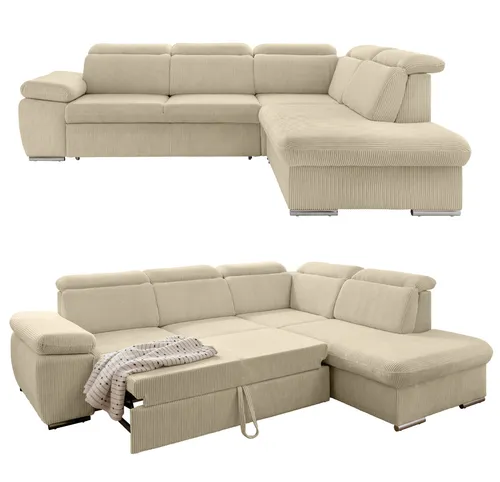 Cord Ecksofa mit Schlaffunktion und Stauraum - Beige Grau - Modernes Ecksofa mit Schlaffunktion, Kopfstützen und praktischem Bettkasten für zusätzlichen Stauraum. Ideal für Wohnzimmer und Gästezimmer.