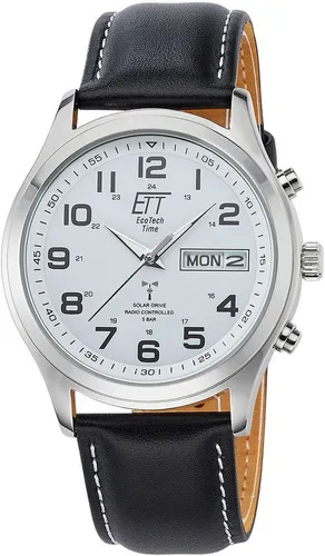 ETT EGS-11436-12L Herrenuhr Funk-Solar - Schwarz/Weiß - Hochwertige Herrenuhr mit Funk-Solar-Technik, kein Batteriewechsel nötig, wasserdicht bis 10 bar, elegantes Edelstahlgehäuse und schwarzes Lederarmband für stilvolle Männer.