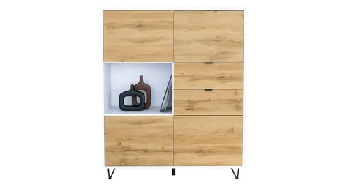 Vladon Highboard Marino V1 (Highboard mit 4 Tür Eiche Evoke, 2 Schubladen Eiche Evoke, Made in Germany), Korpus Weiß matt (103 x 125,5 x 37 cm)