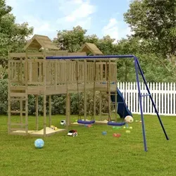 vidaXL Spielturm aus Kiefernholz mit Rutsche und Schaukeln - Verwandle deinen Garten in einen Abenteuer-Spielplatz! Der Spielturm aus imprägniertem Kiefernholz bietet eine stabile Konstruktion mit Plattform, Wellenrutsche und Schaukeln für unendlichen Spielspaß.