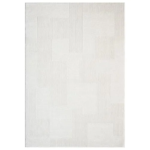 payé Teppich Wohnzimmer Kurzflor Creme 120x170cm Geometrisch Gestreifte Muster mit Hoch-Tief-Effekt, 3D Effekt, Weich