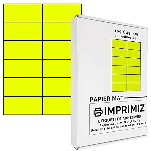 Selbstklebende Etiketten neongelb von 105 x 49,5 mm - 12 Etiketten/Blatt - 25 Blatt A4 / Papier matt - Farbe - Für Inkjet/Laser/Kopier Drucker - Etiketten farbig 300
