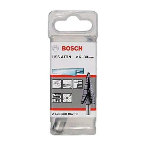 Bosch HSS Stufenbohrer 6 - 30 mm TiAIN - Stufenbohrer für präzise, gratfreie Löcher in Nichteisenmetallen, rostfreiem Stahl und Kunststoff. Mit AlTiN-Beschichtung für lange Lebensdauer und ohne Kühlmittel. Ideal für Handwerk und DIY-Projekte.