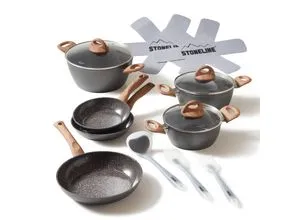 STONELINE Topf-Set 14-teilig mit Holzoptik-Griff - Kochtöpfe mit original STONELINE® Keramikbeschichtung, antihaft und kratzfest. Ideal für alle Herdarten und mit Hitzeschutz - perfekt für kreative Kochabenteuer!