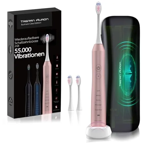 Schallzahnbürste - 60 Tage Akku - 55 000 VPM - 5 Modi + inkl. UV-Reiseetui + 2 Ersatzbürsten - Tristan Auron elektrische Zahnbürste in pink