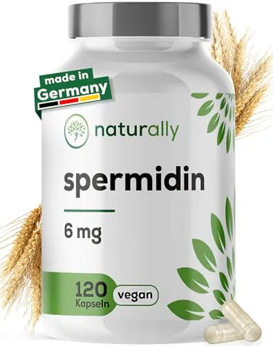 hochdosierte naturally Spermidin Kapseln [120 Stück] – 6 mg aus Weizenkeimen, vegan - Pränatale Vitamine mit 6 mg hochdosiertem Spermidin pro Kapsel, fördert die Autophagie für einen effektiven Zellreinigungsprozess. Vegan und ohne Zusätze, in Deutschland hergestellt.
