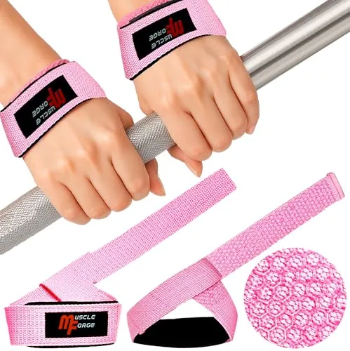 MuscleForge Zughilfen Krafttraining Frauen - Lifting Straps für Fitness - Gym Zughilfen für Gewichtheben - Handgelenk Bandagen Rosa - Griffhilfen für Powerlifting & Kreuzheben, 2 Stück