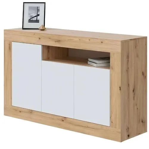 Habitdesign Baltik Sideboard – Modernes Buffet & Beistellschrank in Weiß & Eiche Nodi - Buffet mit 3 Türen, asymmetrisches Design und viel Stauraum. Ideal für Wohnzimmer oder Esszimmer, Maße: 144 x 87 x 42 cm. Pflegeleichte Oberfläche für den täglichen Gebrauch.