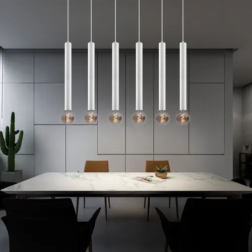 Pendellampe 6-flammig für Esstisch, Höhenverstellbar in Weiß - Moderne Pendelleuchte aus Metall, 6x E27 Fassungen, ideal für Küche oder Wohnbereich. Zeitloses Design mit Höhenverstellbarkeit, das jedem Raum einen besonderen Charme verleiht.